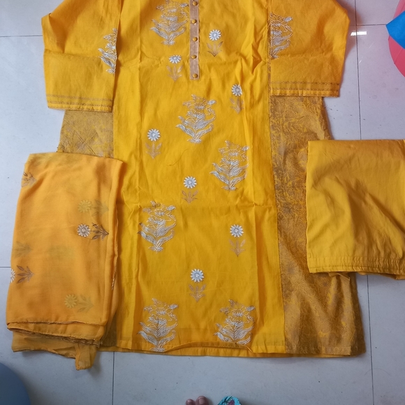 Biba printed cotton fabric yellow color kurta with pant and dupatta - Picture 3 of 5